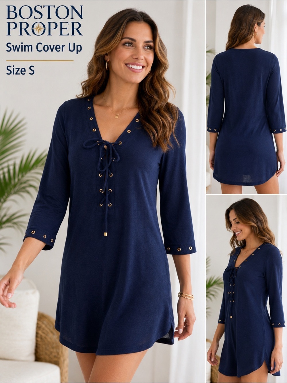 Boston Proper Dress Small Blue Swim Cover Up Lace Up Gold Rivets/size S